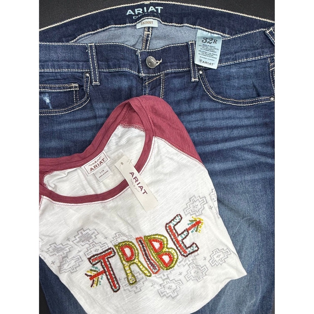 ARIAT OUTFIT Embelished NWT Raglan L & Preloved Size 32R Dk Wash Skinny Jeans